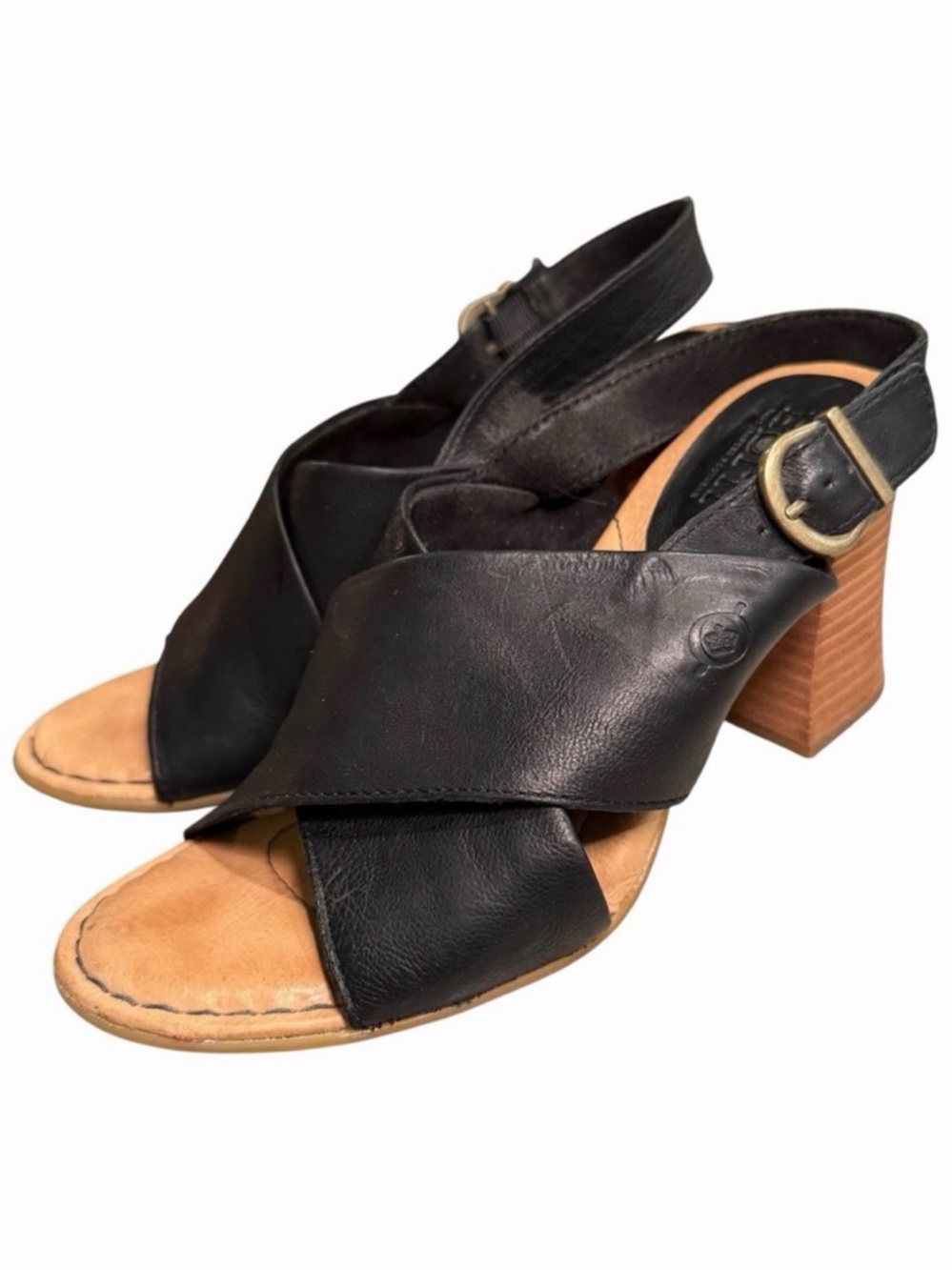 Born Black Leather Cross Strap Slingback‎ Block Heel Sandals Women’s 8